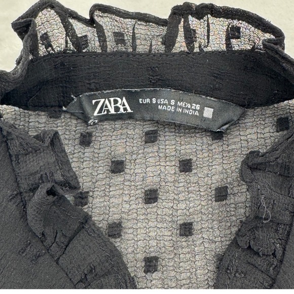 Zara Women Black Sheer Dobby Dot Lace Trim Ruffle Neck Button Front Blouse Small - Picture 2 of 6